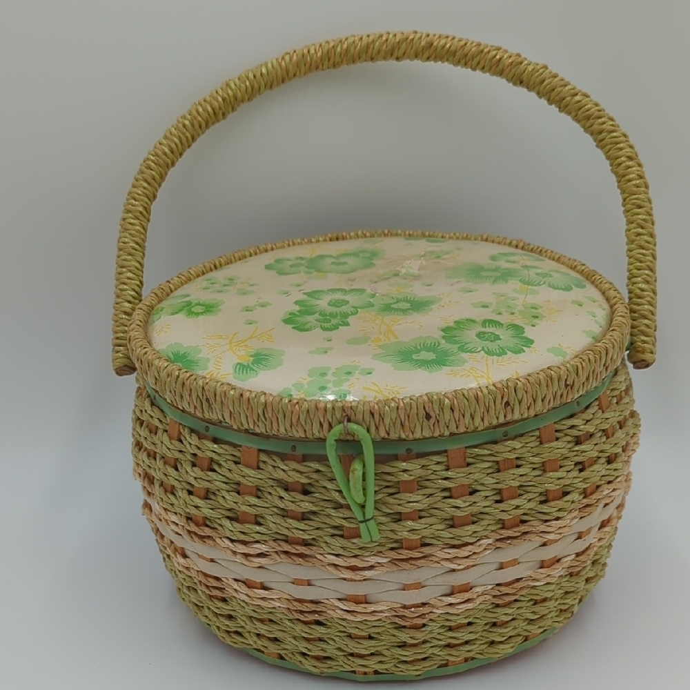 Vintage Japanese Sewing Basket Wicker Floral Lidded Green Handle Retro
